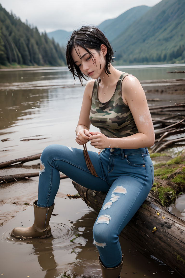 394186-2999227668-real human skin,RAW photo,young woman,sitting on a log,lake shore in the background,wet camouflage tank top,wet blue jeans,wet b.png